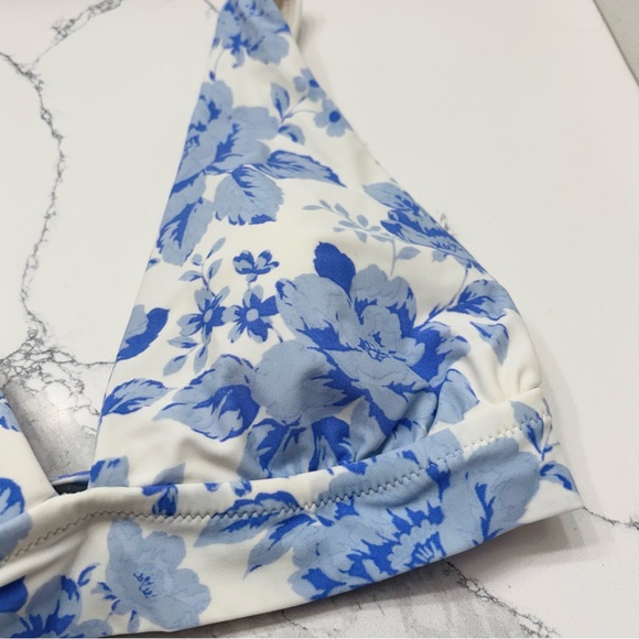 Aerie Women’s Large Plunge Longline Triangle Bikini Top, Blue/White - Picture 2 of 5